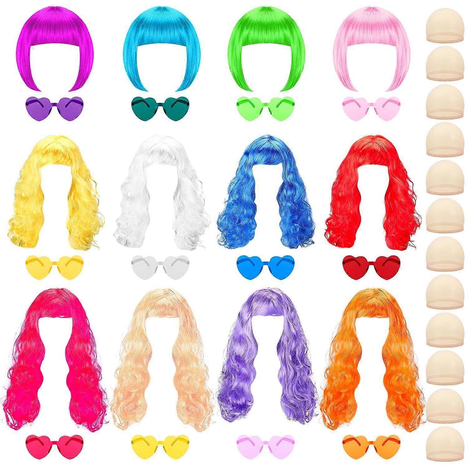 2025 Latest Model 36 Pcs Colored Wig Set with 12 Pcs Wig Caps and Heart Shape