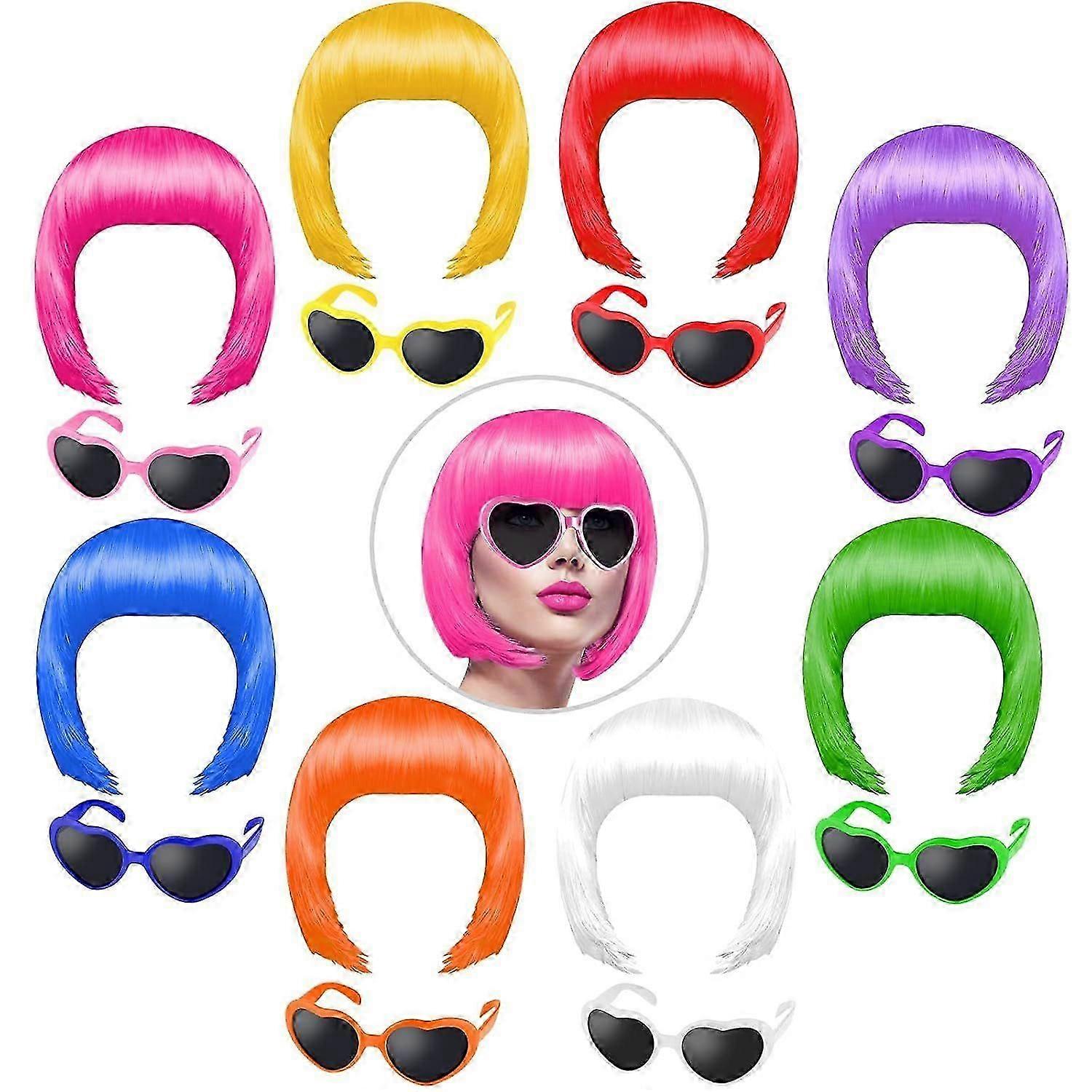 2025 Latest Model 16 Pieces Party Wigs and Sunglass Set, Short Bob Wig Sunglass