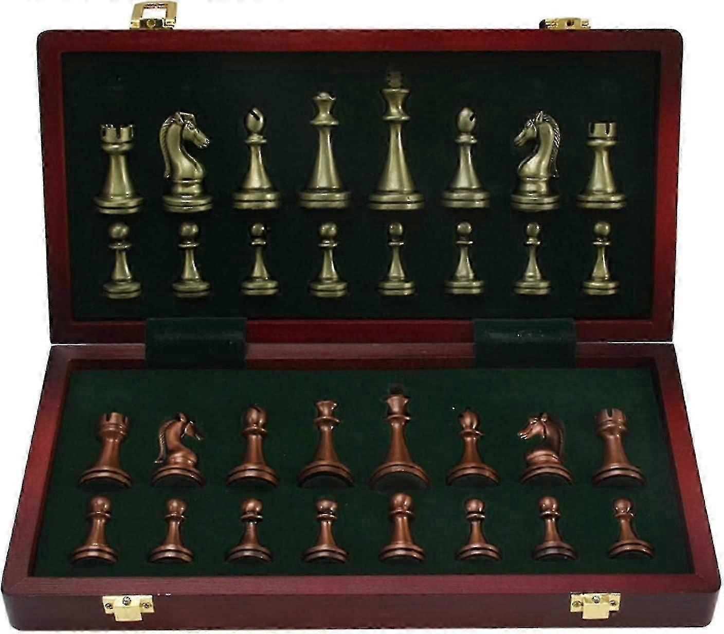 大人のためのデラックスチェスセット、大きな金属ブロンズチェスピースセット、木製収納ボックス付きポータブルハイエンド折りたたみチェスボードセット、大人のキッズボード