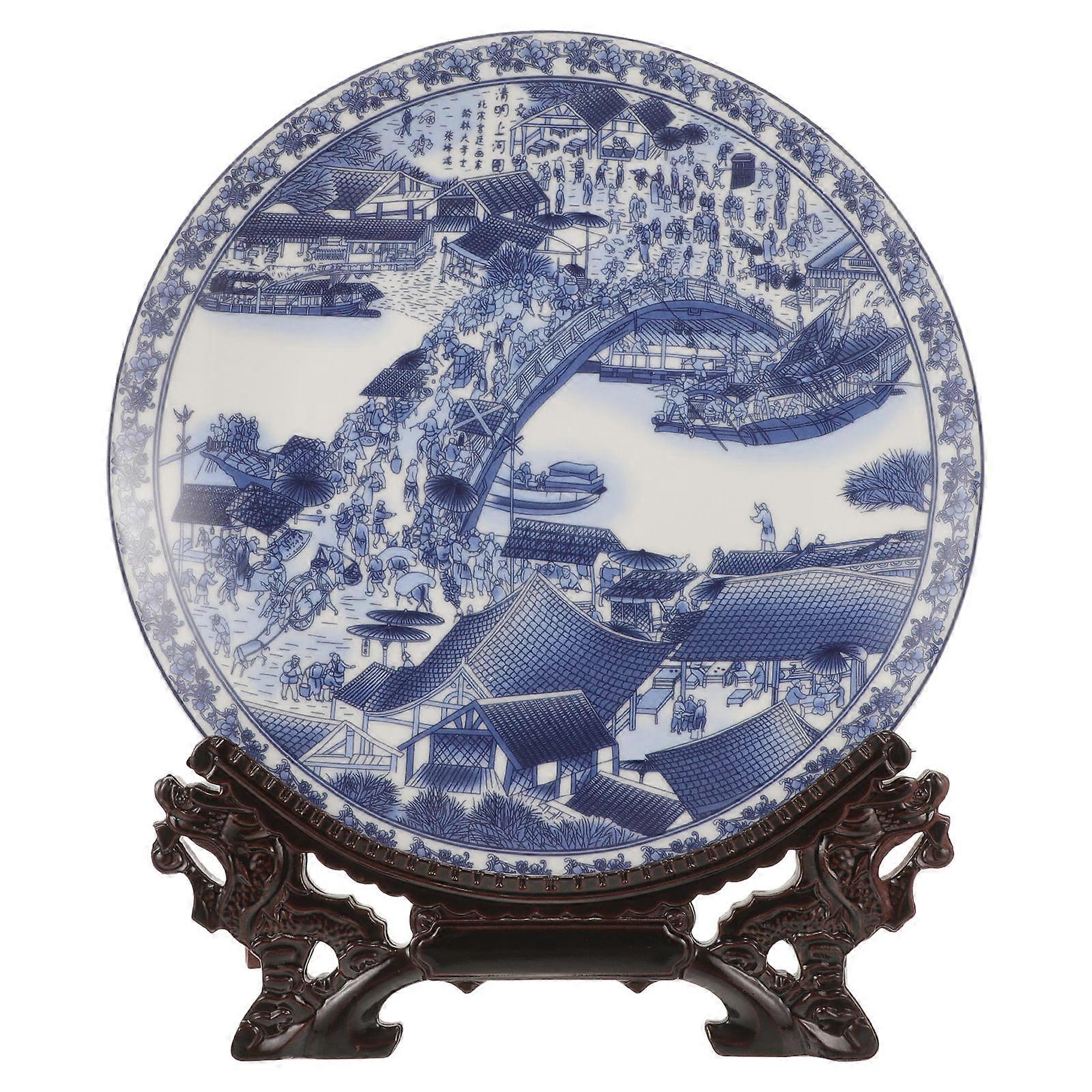 Decorative Ceramic Plate With Stand Chinese Style Home Decor Multi Color 30.00X26.00X8.50CM 1Set