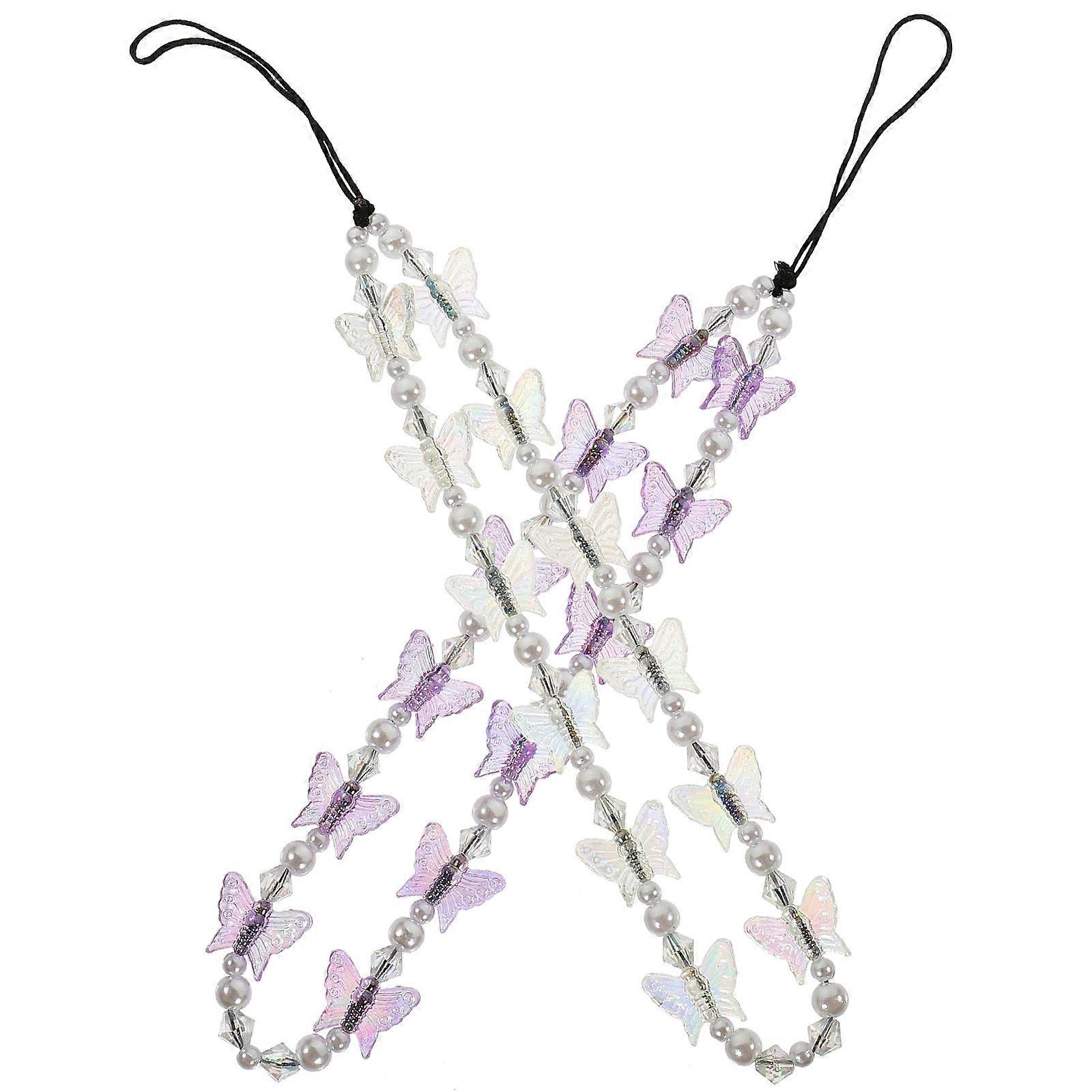 Cute Phone Charm Strap Beaded Butterfly Phone Chain Daily Use Assorted Color Anti-slip 2Pcs