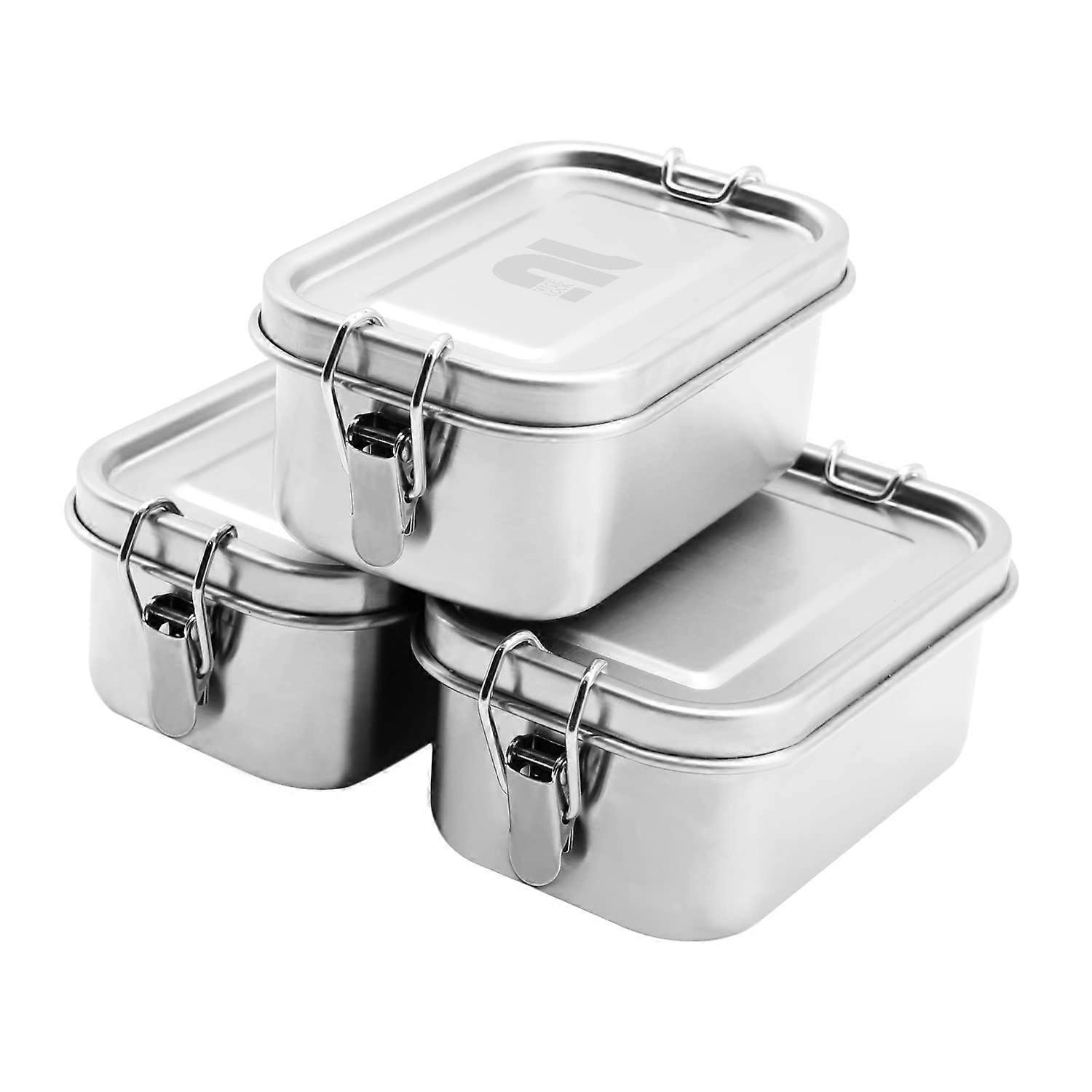 Small Stainless Steel Lunch Food Storage Container 400ml, BPA-Free Snack Boxes, Pack of 3, Rectangular Jars with Lid
