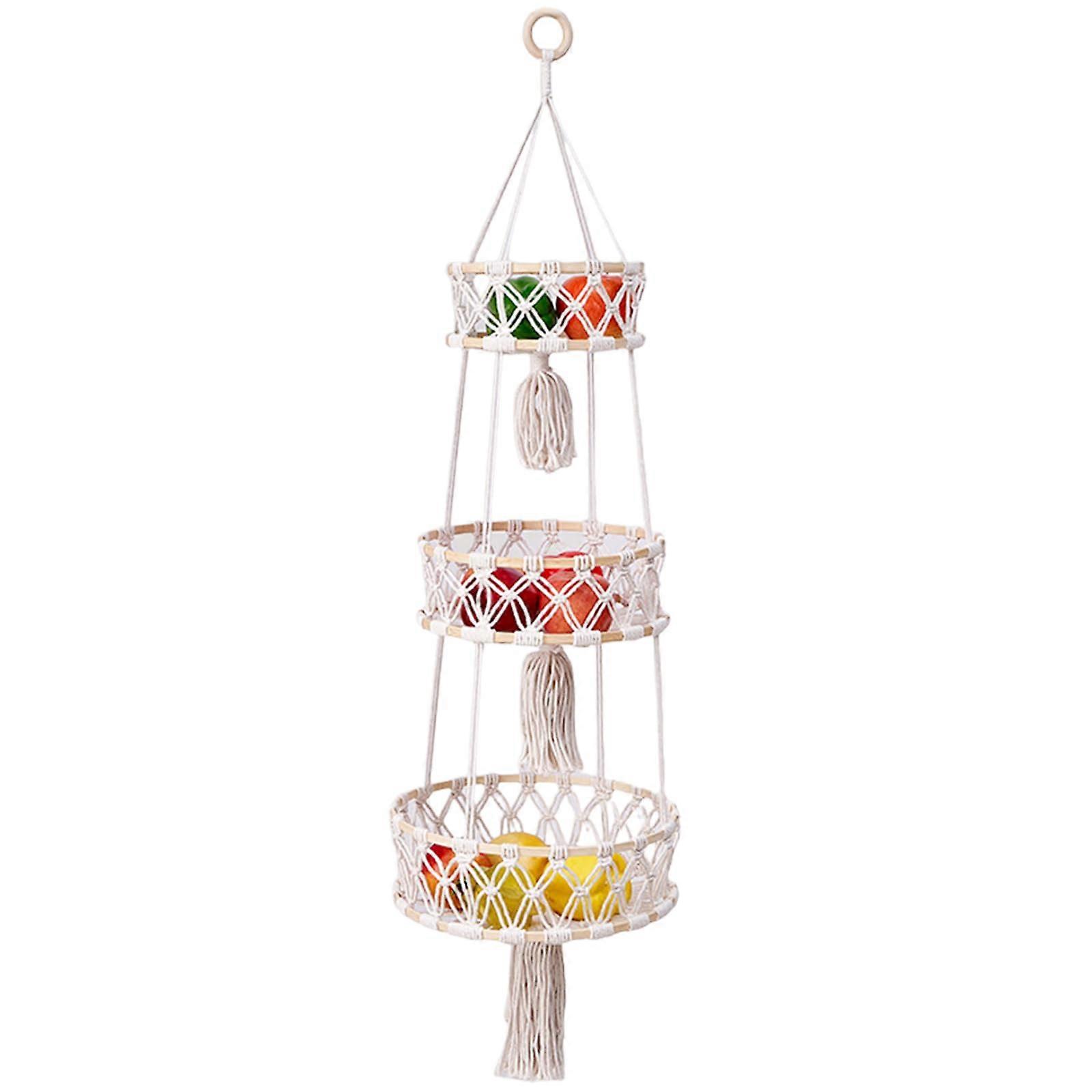 Hanging Fruit Basket Hand-Woven, Three-Level Hanging Basket For Kitchen, Space-Saving Fruit Storage, Kitchen Organizer