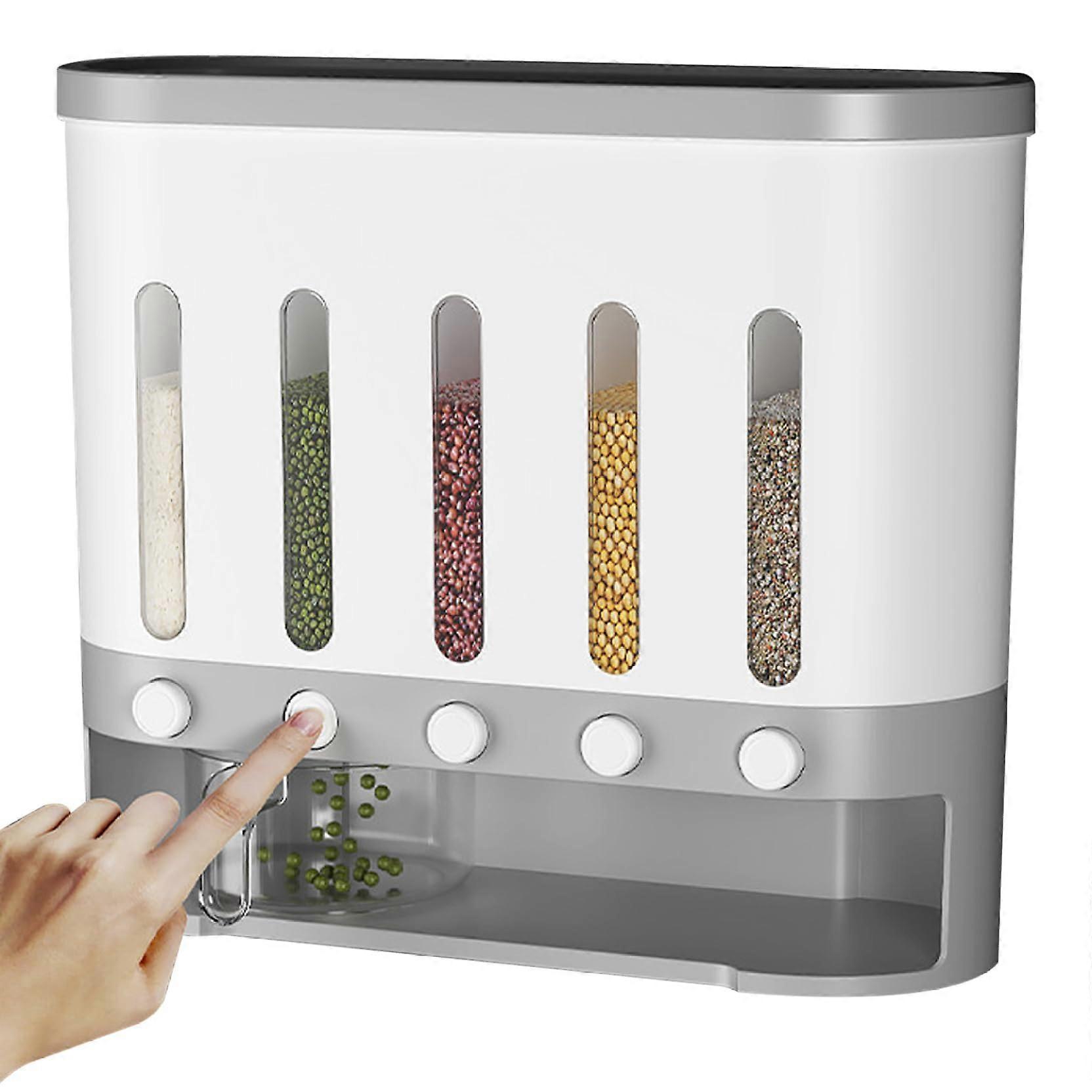 Grain dispenser, 5L visible plastic rice dispenser, 5grid grain with measuring cup, standing/wallmounted