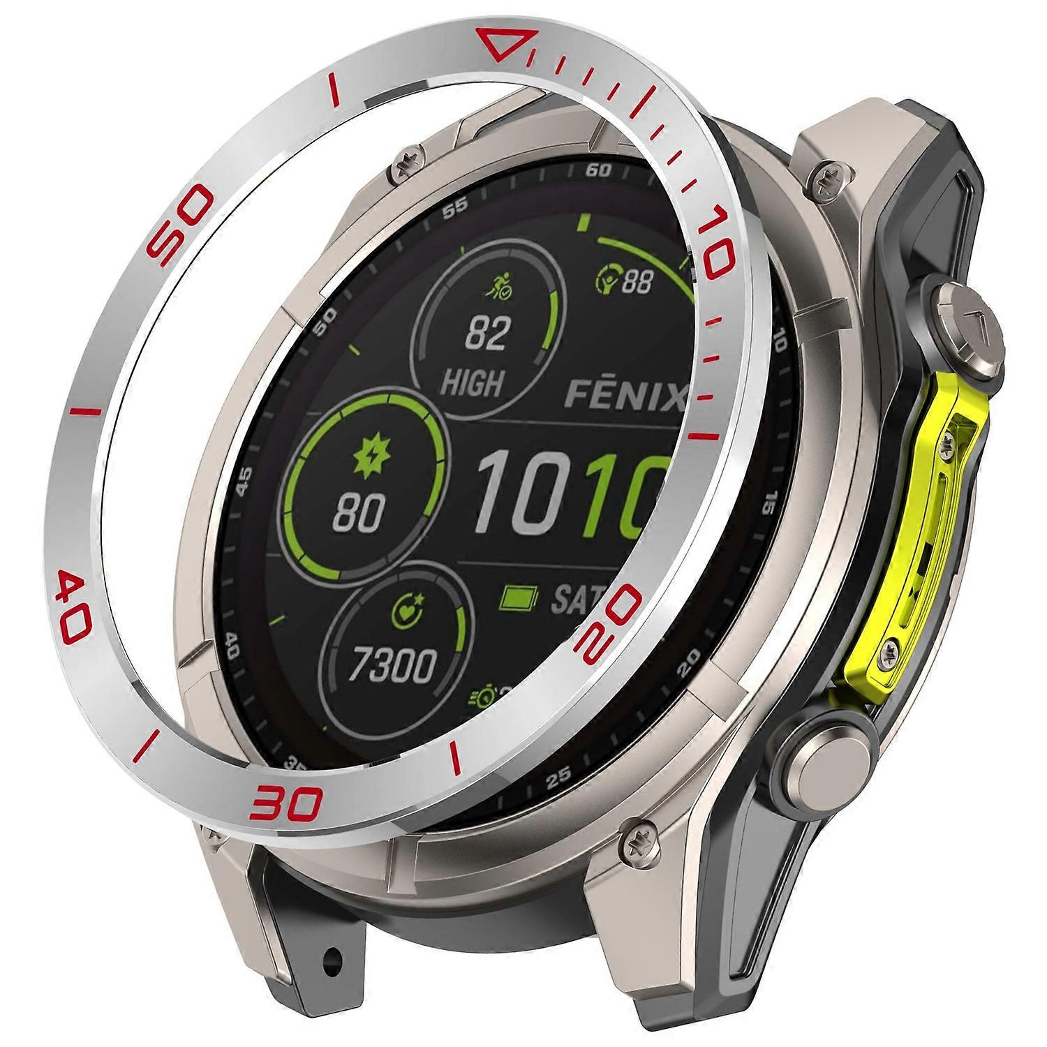 For Garmin Fenix 8 51mm AMOLED Version Metal Bezel Scratch Resistant Protective Ring - Silver+Red