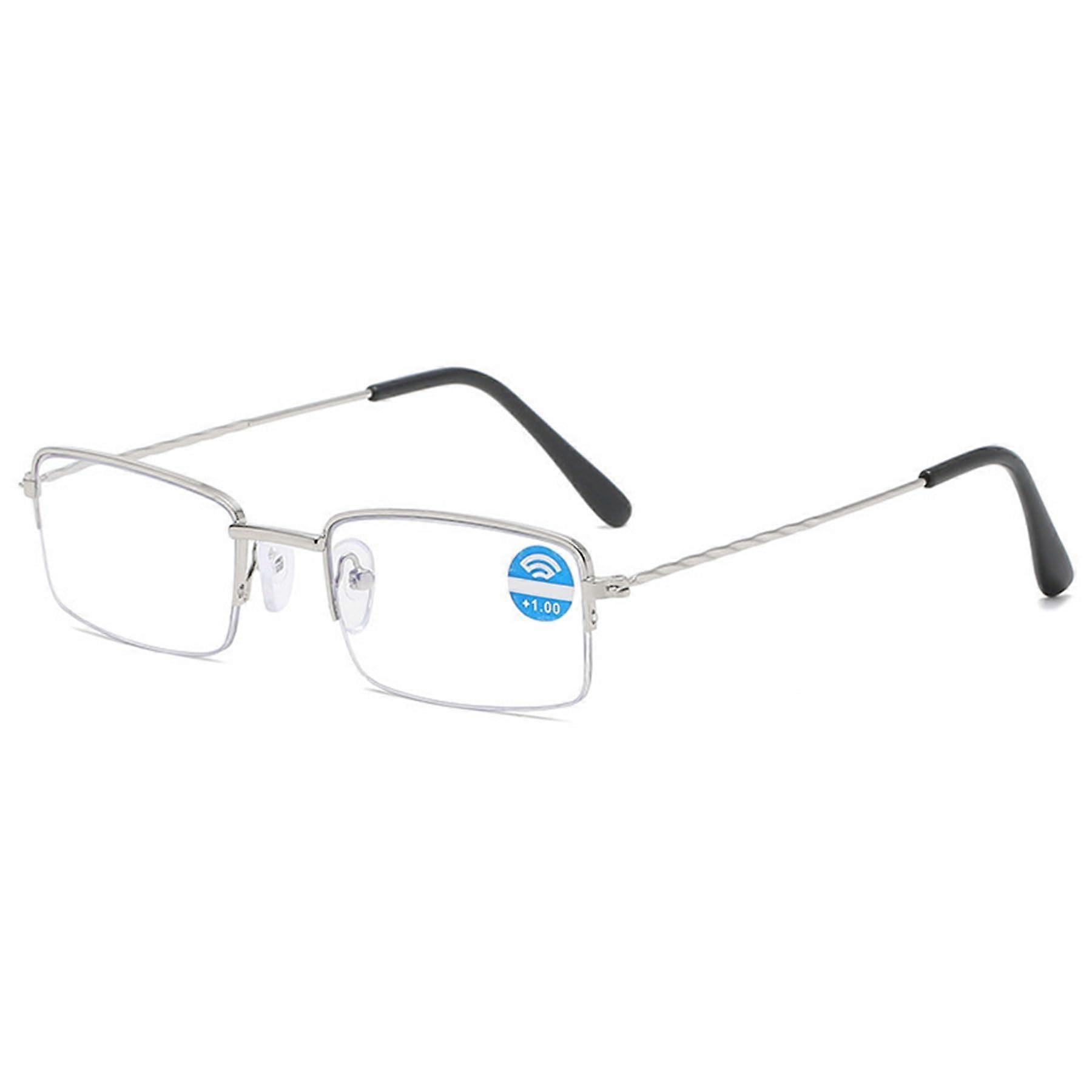 Half Frame Reading Glasses Blue Light Filter Women Men Rectangular Metal Silver Prescription 1.5x