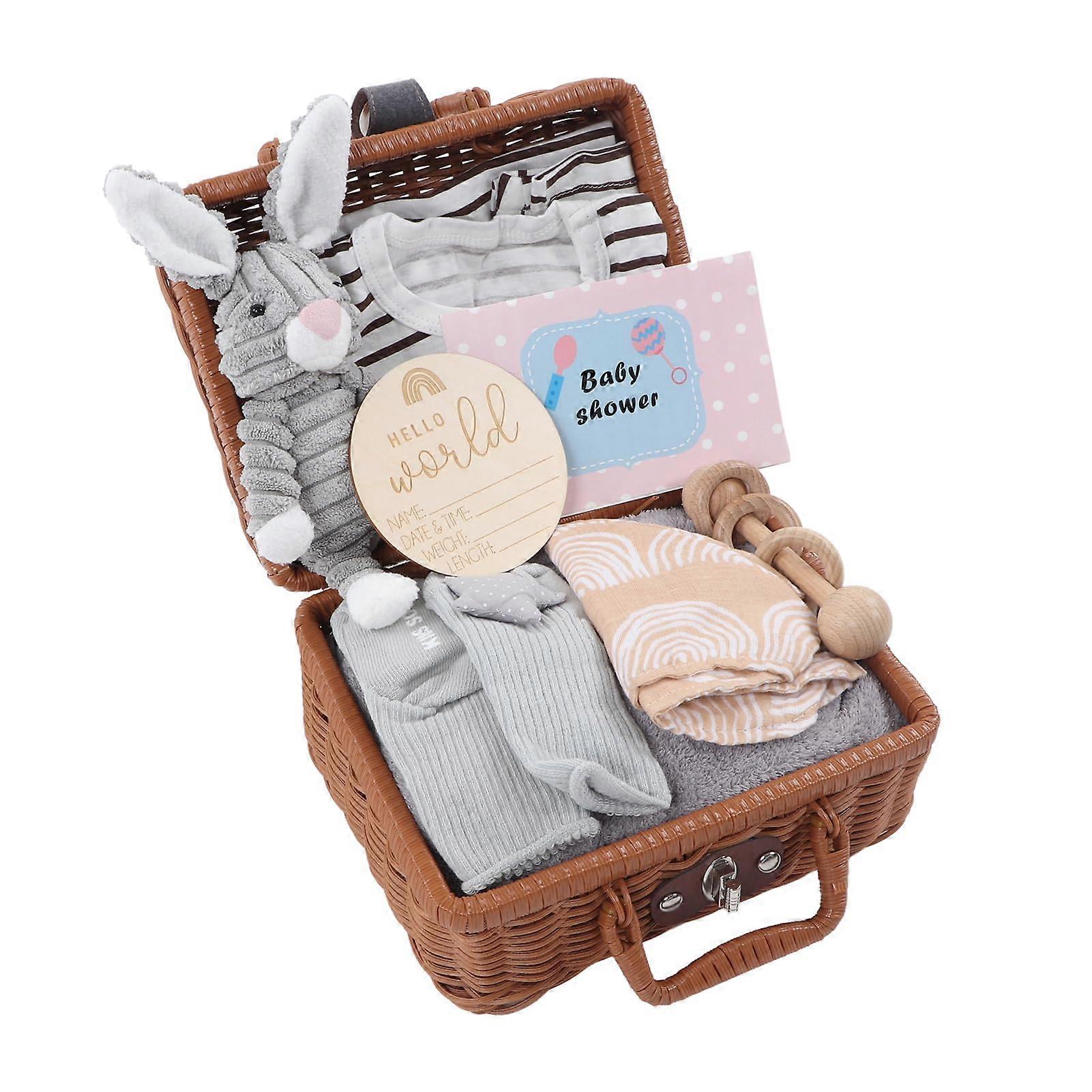 9 In 1 Newborn Baby Gift Basket with Wooden Rattles, Plush Blanket, Greeting Card, Soft Teething Toys for Boys and Girls