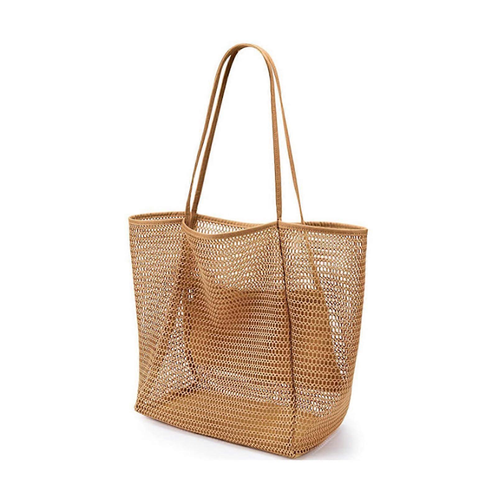 Beach Bag  Mesh Beach Bag for Sand Toys, Foldable Handbag with Pockets and Zipper for Beach, Holiday, Travel, Gym, Khaki, Large