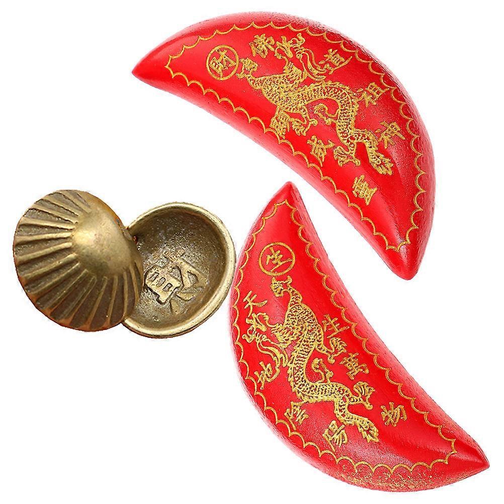 2 Pairs Retro Moon Shaped Feng Shui Divination Cups Red Wood and Metal Spiritual for Wealth and Guidance