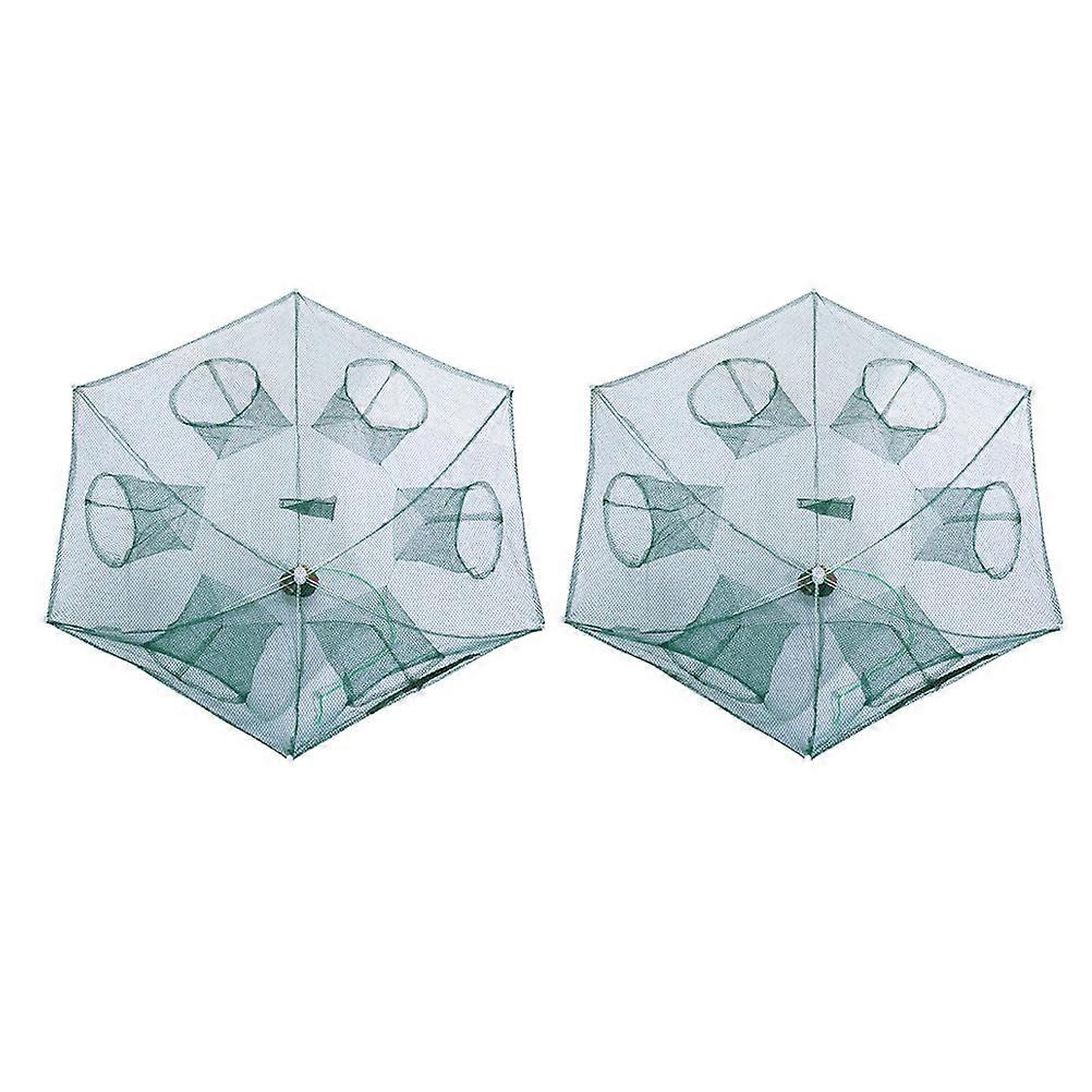 2pcs Foldable Crab Net Trap Cast Dip Cage Fishing Net for Fish Minnow Crawfish Shrimp Umbrella Design (Six Entrance)