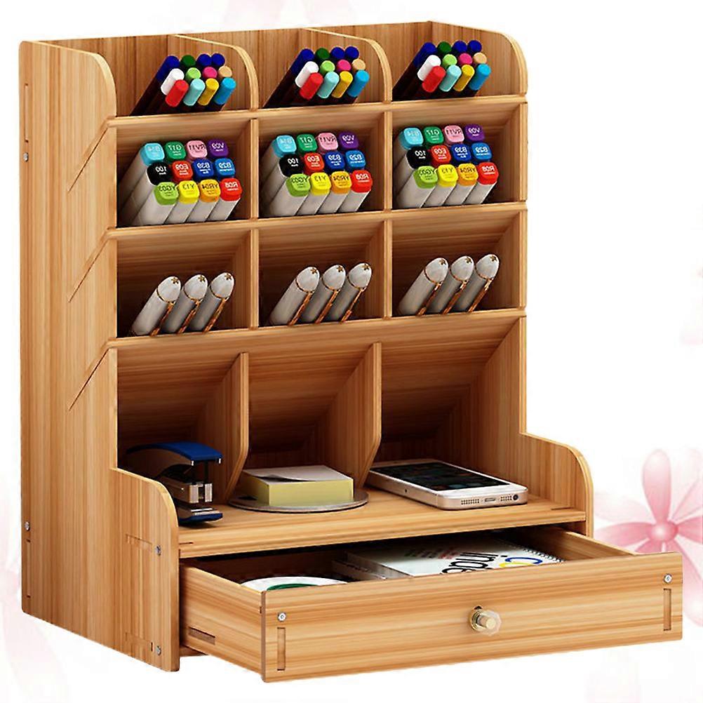 Wooden Pen Storage Box with Multi Divided Compartments Large Capacity Desktop Organizer Cherry Finish for Office Home Stationery Supplies