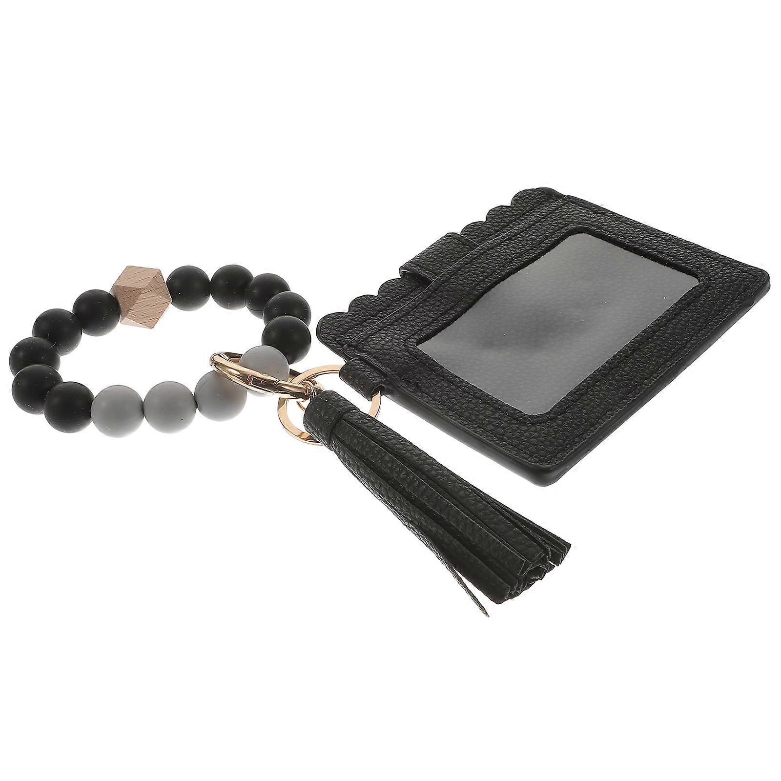 Silicone Keychain Bracelet Wristlet with Card Holder PU Tassel Beaded Wristlet Keychain