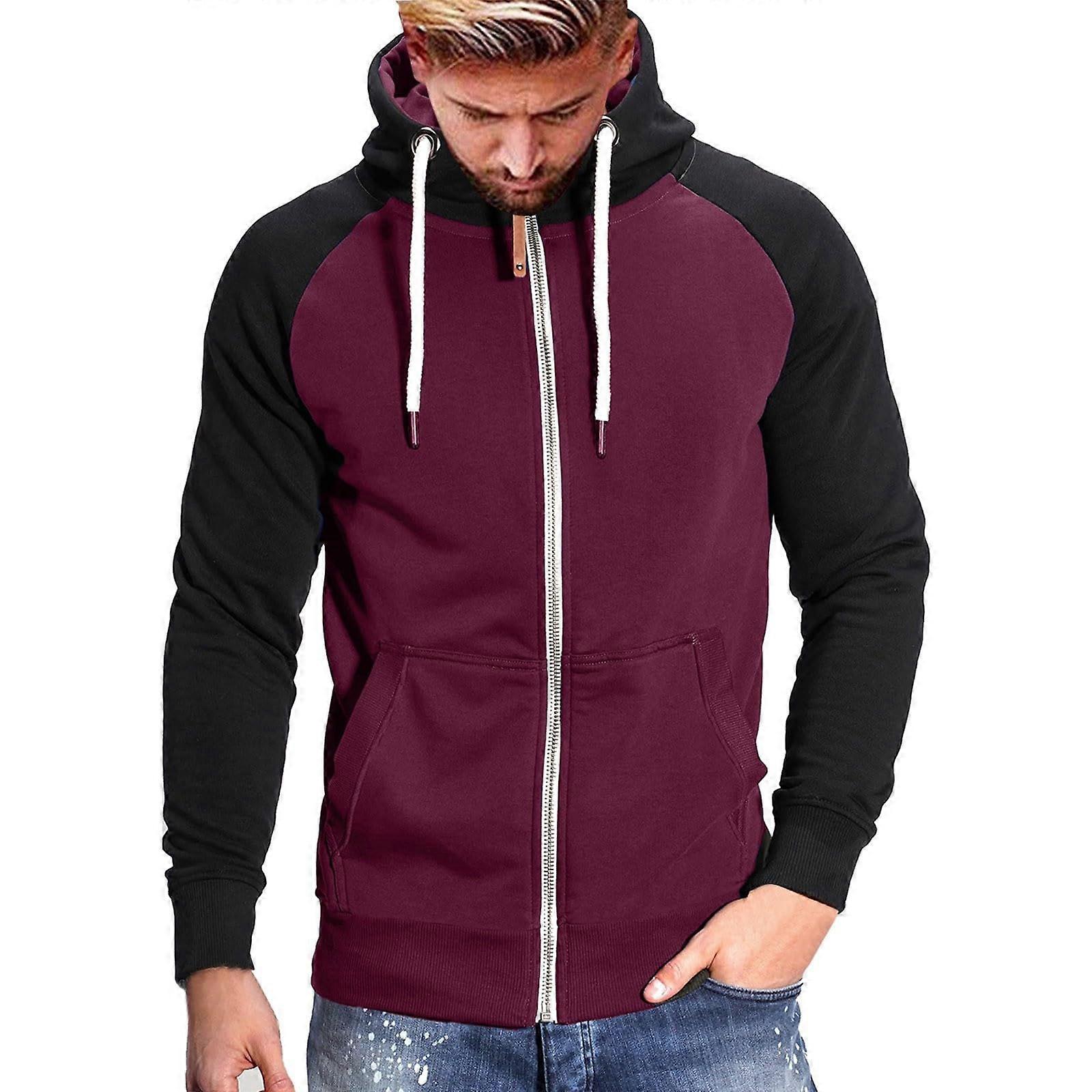 Hoodie Men's Plain Cotton Zip Pullover Long Sleeve Sweat Jacket with Pockets for Outdoor Sports and Fitness in Size M