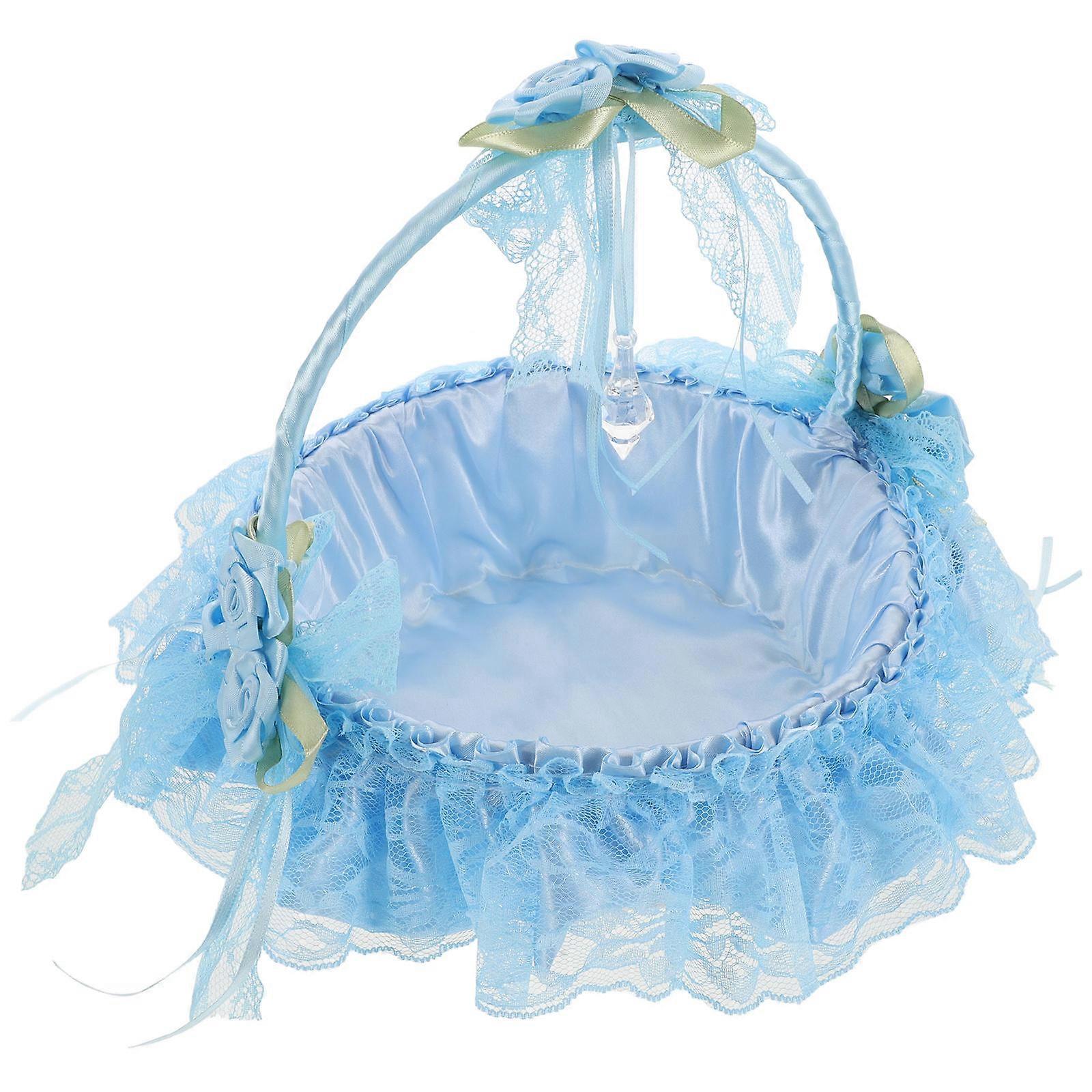 Skyblue Handcrafted Wedding Basket with Handle and Lace Trim for Decorative Use Cloth Bamboo 10.5 Inches