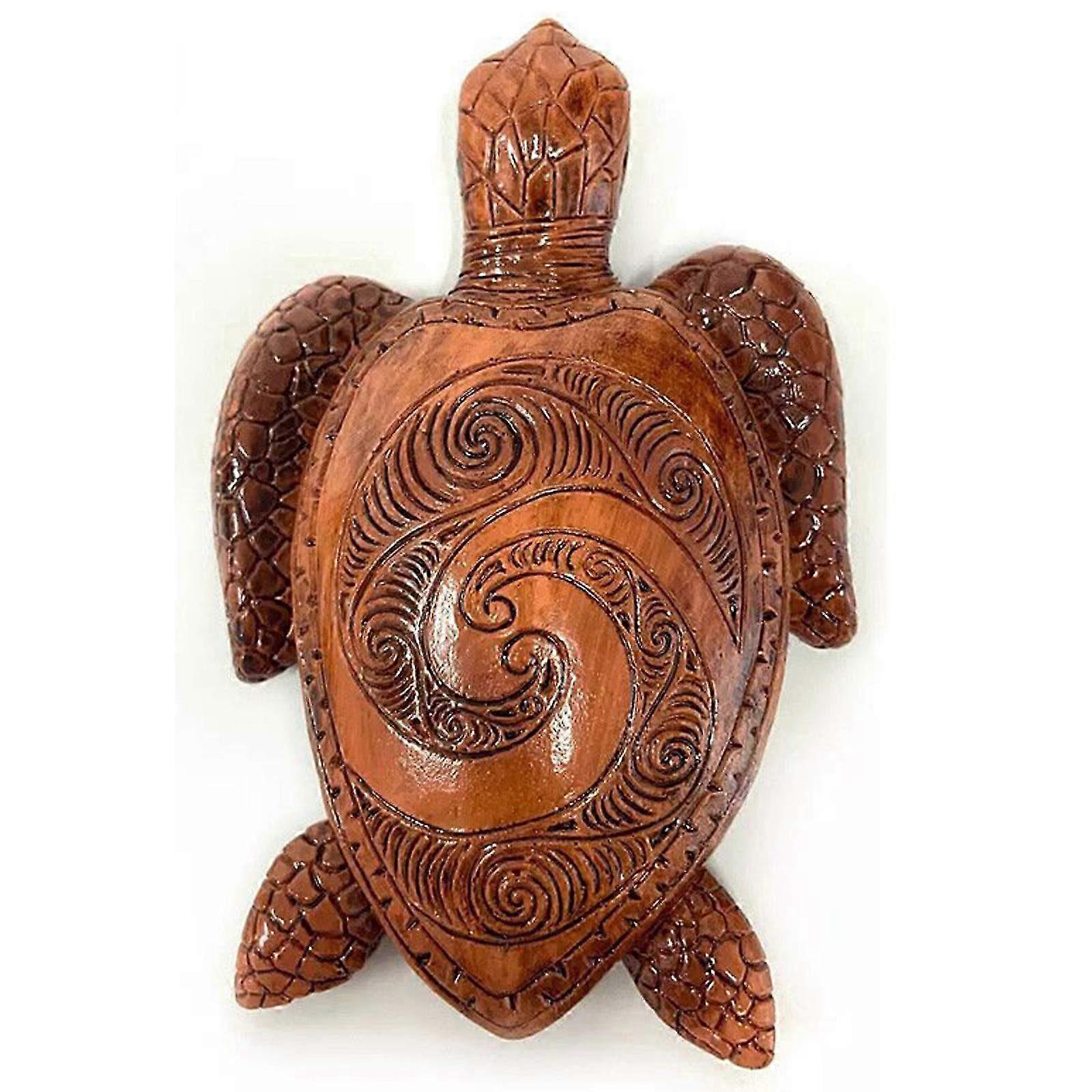 Hawaiian Turtle Ornament - Carved Wooden Simulation Turtle with Round Print Decoration for Home & Beach-Style Decor