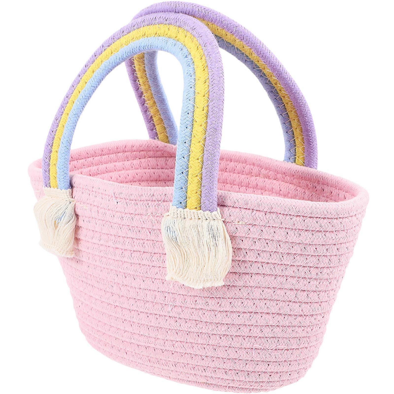 Portable Woven Rainbow Handle Bag Summer Beach Tote Pink Cotton For 1Pcs