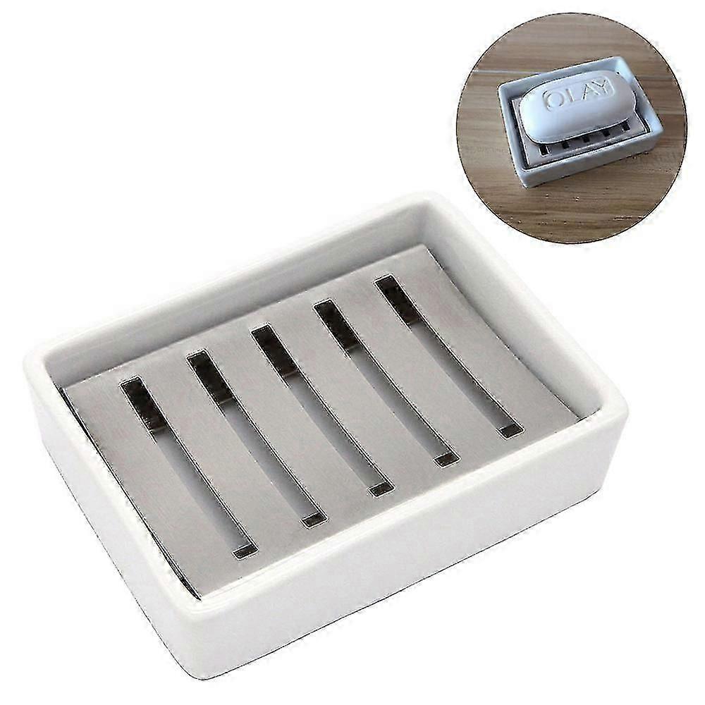 Ceramic Soap Dish Stainless Steel Soap Holder,double Layer Draining