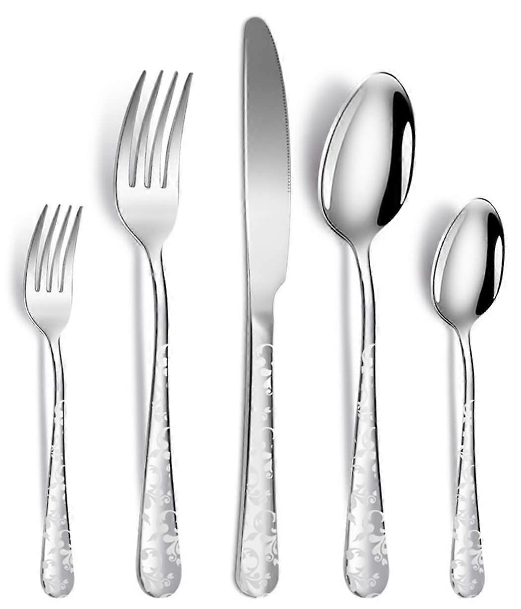 5 Piece Stainless Steel Flatware Set Includes Knife, Fork, Spoon, Unique Pattern Design, Dishwasher Safe Silver
