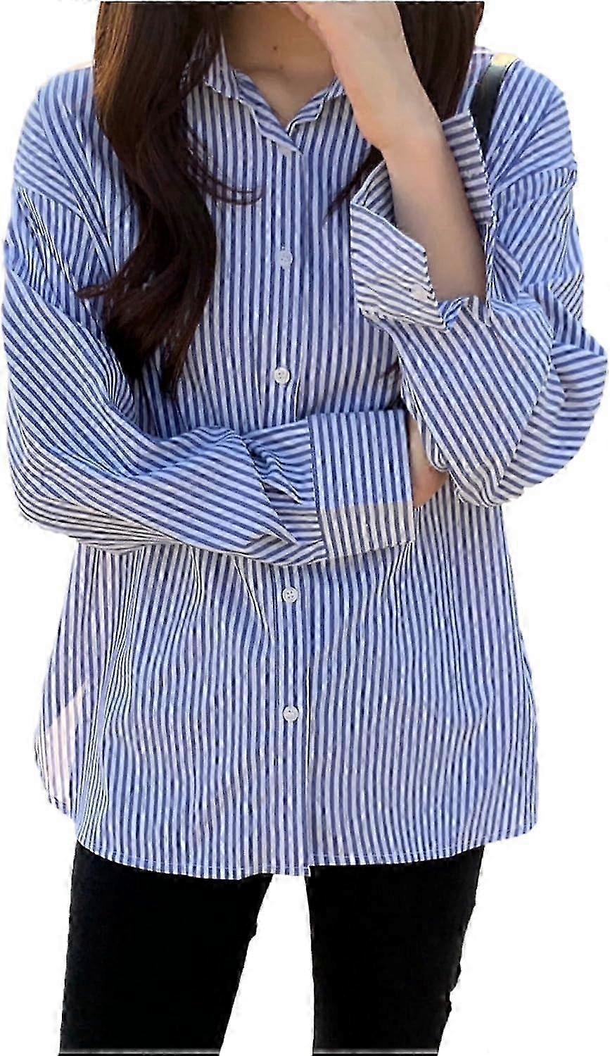 Womens Long Sleeve Striped Button-Down Collared Shirts for Business Office Work Blouses with Pocket