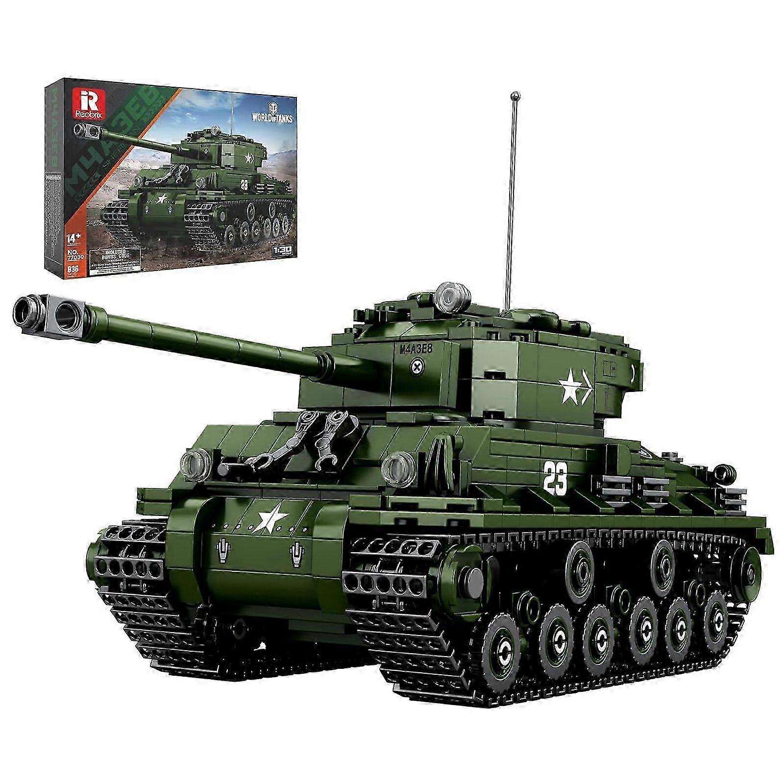 Reobrix M4A3E8 Sherman Tank 836PCS, WW2 Model, American Army Military Building Kit with Rotating Turret & Track Details, Collectible Gift for Adults &