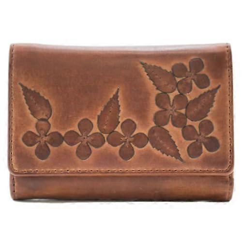 Mala Leather Wild Bloom Classic Floral Tan Leather Tri-Fold Purse RFID Protection Genuine Leather 6 Card Slots ID Window Note Zip Coin Pockets 12.