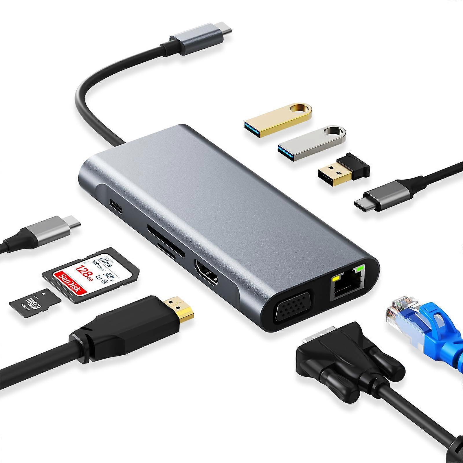 USB C HUB 10In1 USBC Docking Station With 4K HDMI, VGA, PD, USB 3.0, RJ45 Ethernet, SD/TF, 3.5mm AUX, for MacBook Pro/Air
