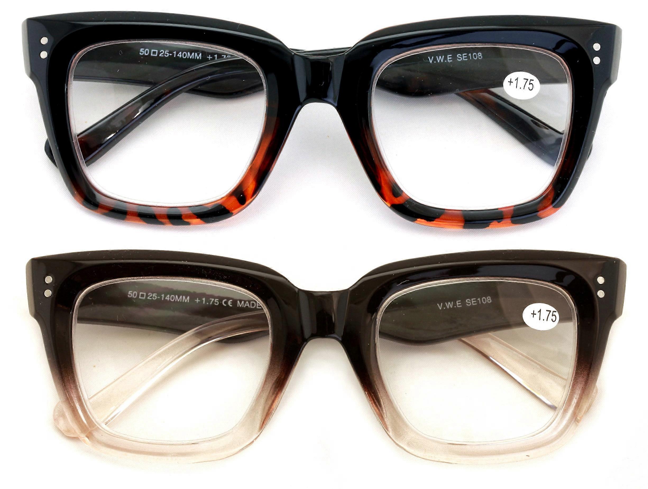 2 Pairs Women Bold Oversized Large Reading Glasses Traperzoid Clear Lens Reader 2.75