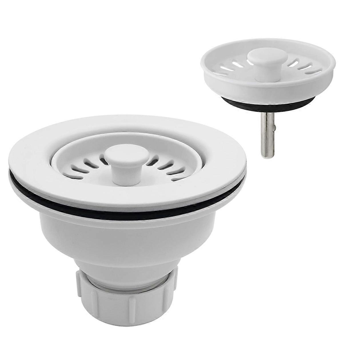 3-1/2 Inch Polymer White Sink Drain Assembly with Basket Strainer and Stopper for or Fireclay