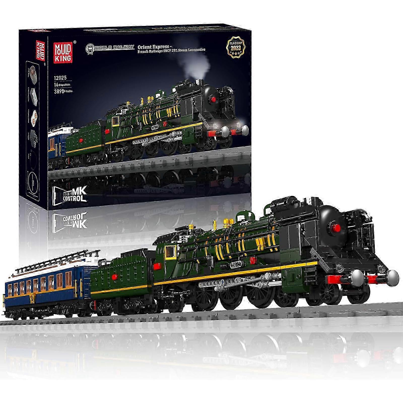 2025 Mould King Train Building Toy, Steam Locomotive Lighting Train Building Blocks Set with LED Light, RC Control Train with Motors and Tracks(3898 P