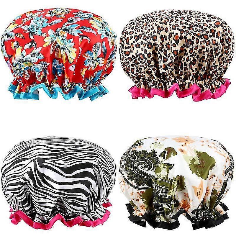 Shower Cap 4 Pack, Luxury Double Layer Silky Satin Shower Caps, Reusable Bath Shower Hat