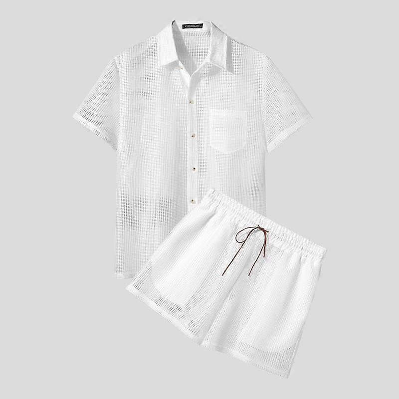 INCERUN Men Two-piece Hollow Short Sleeve Tops Drawstring Elastic Shorts Beach Sets
