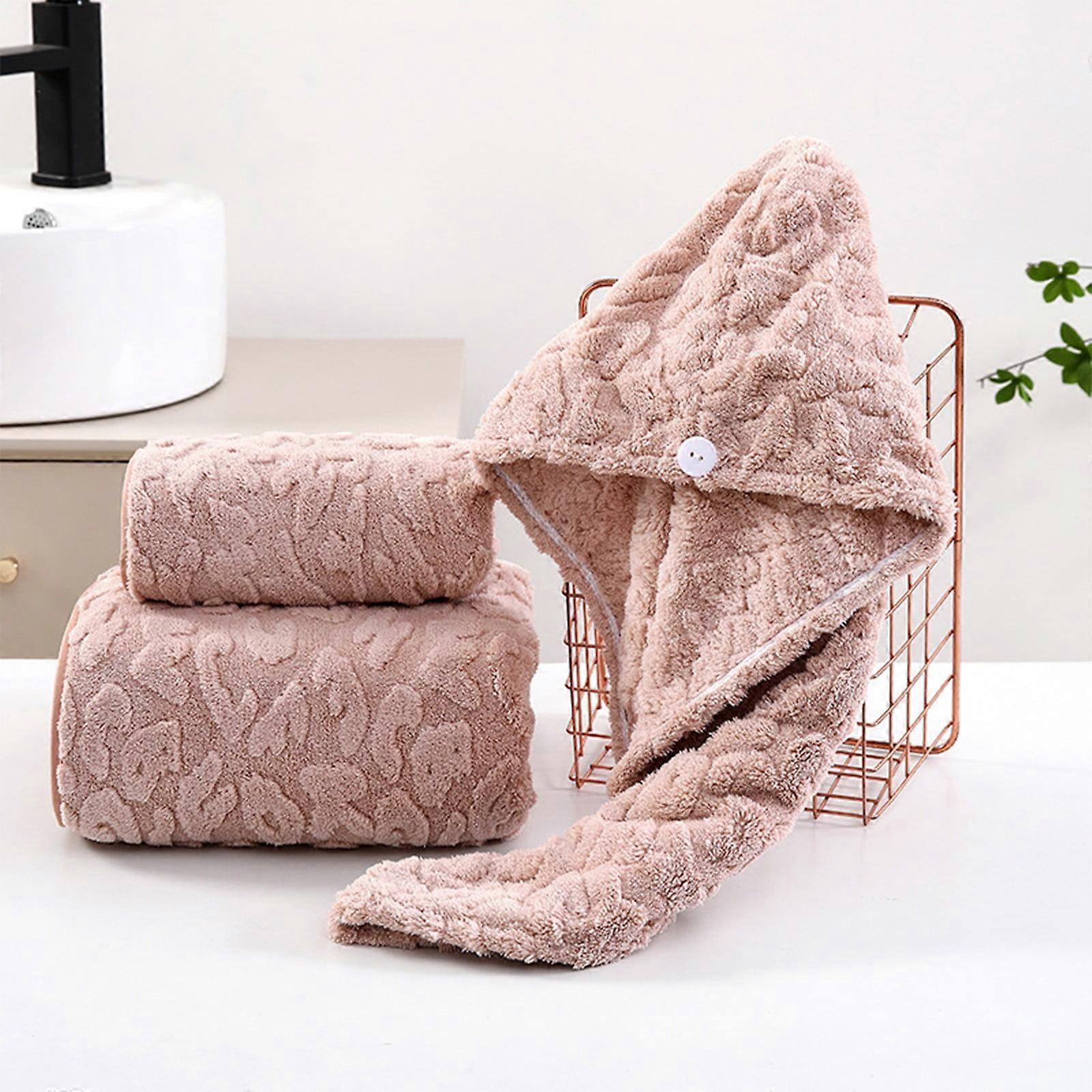 ZKCCNUK Coral Fleece Bath Towel 3PC Set, Letter Print, Thick Soft Non-linting, 55.1"x27.6", with Shower Cap, Face & Hand Towels