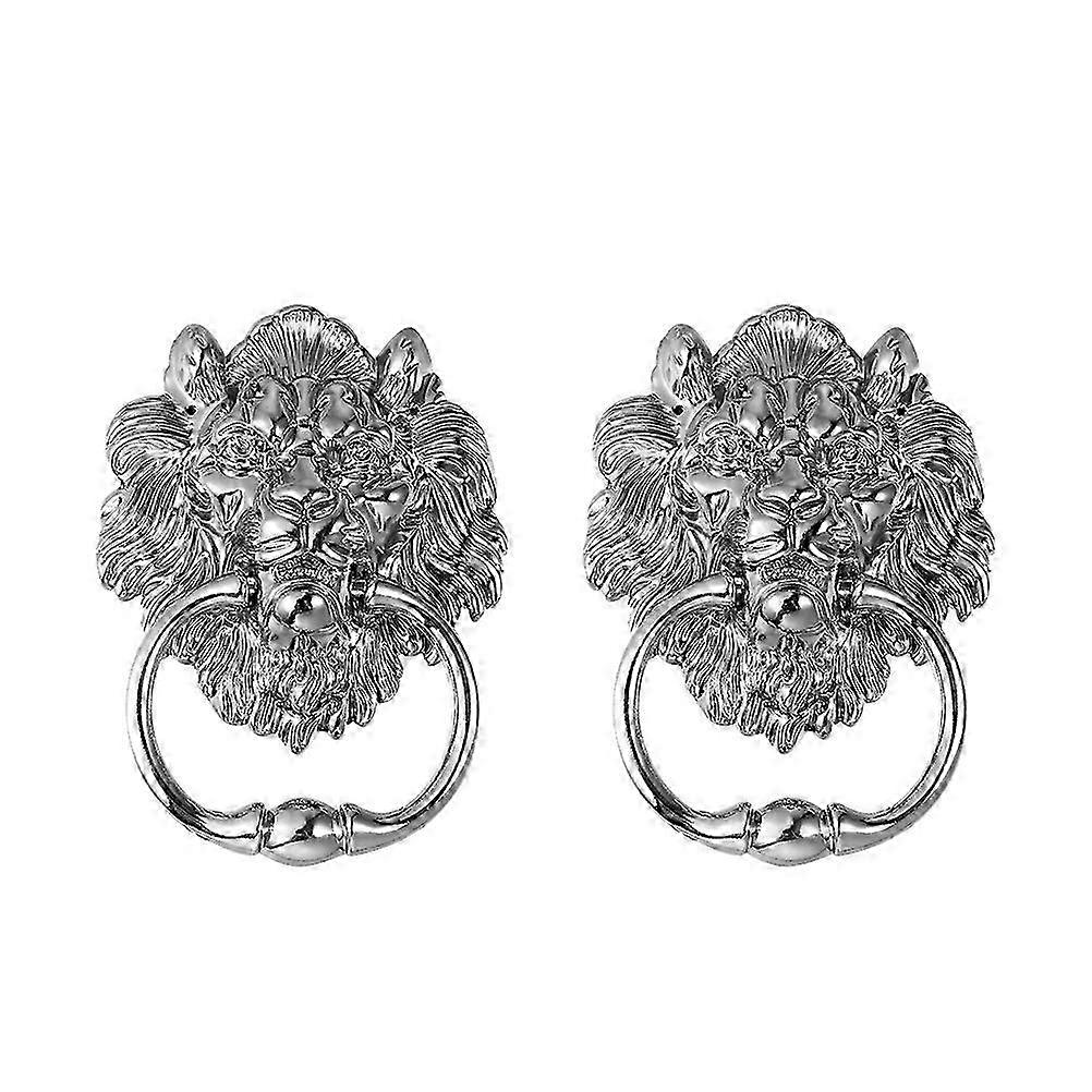 2Pcs Antique Lion Head Door Knocker Front Door Handle Tone Pull Ring (Silver)