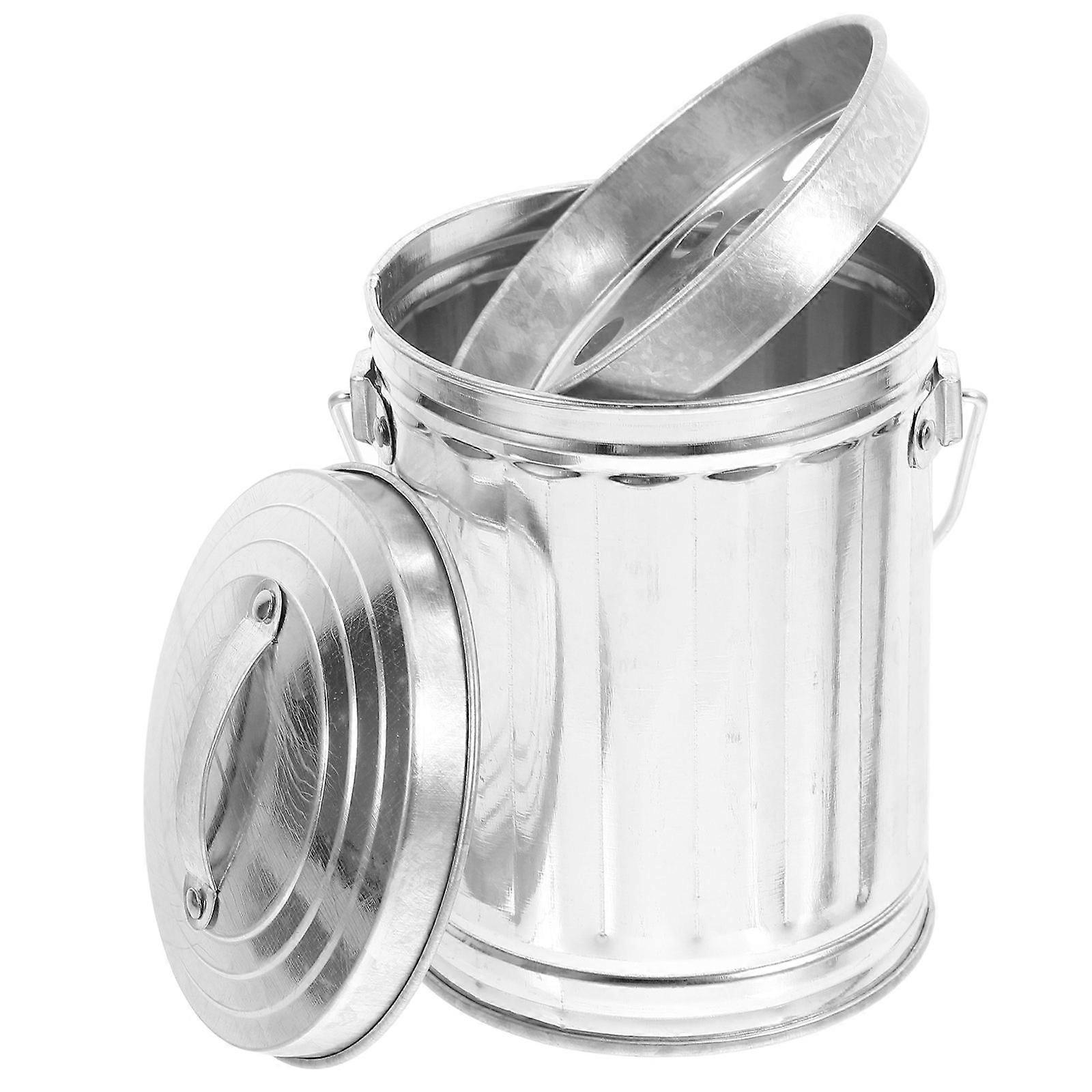 Metal Mini Desktop Trash Can for Storage Use with Lid Silver Garbage Bin