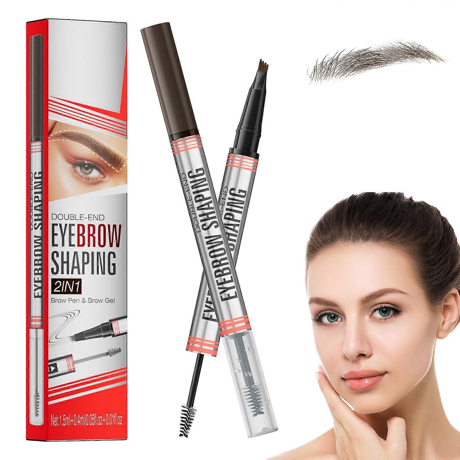 2in1 Waterproof Microblading Eyebrow Pencil with Gel, 4Tip Precision Brow Pen for Women Dark Brown