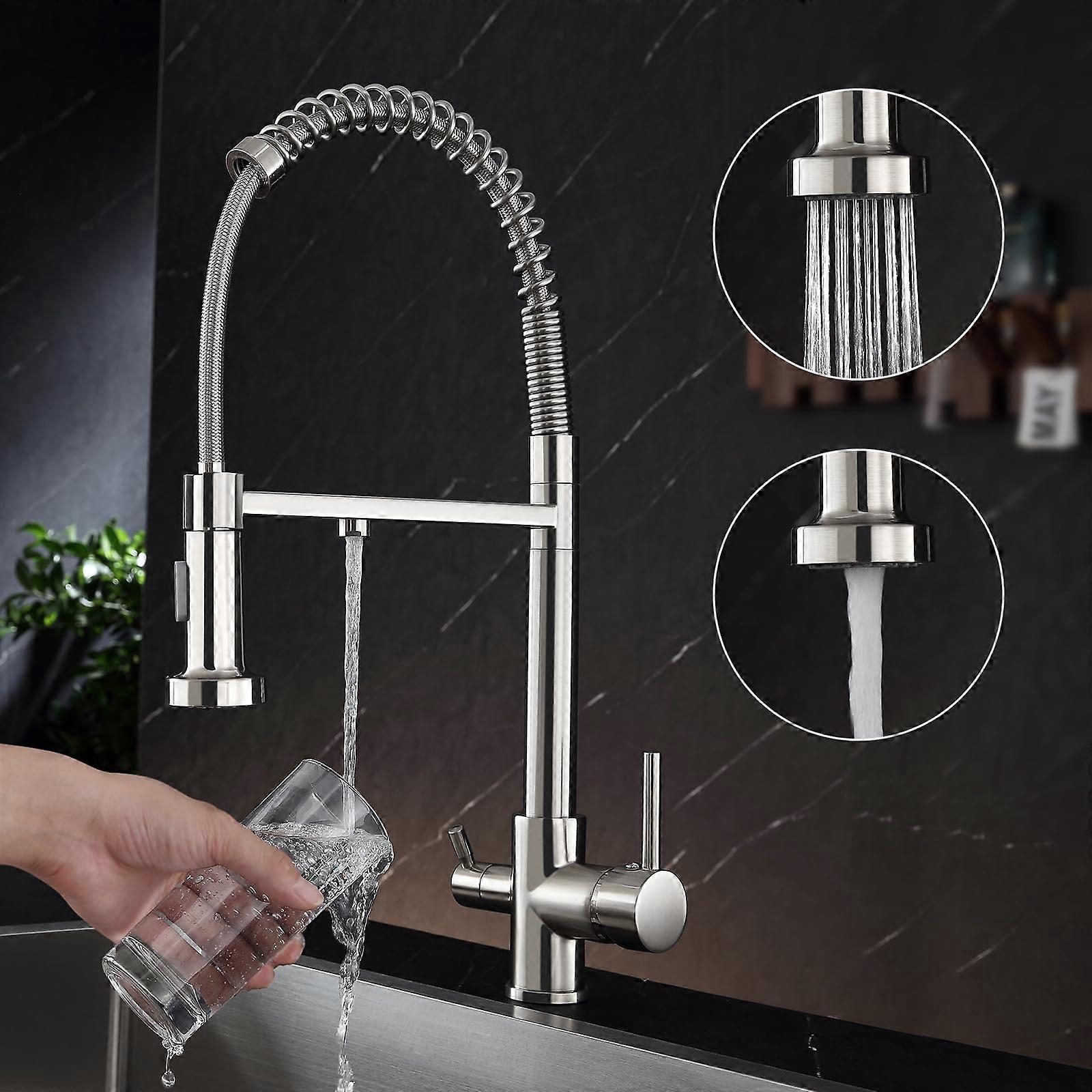 Brushed Nickel Pull Down Kitchen Faucet with Water Filter, 3 in 1 Flow, 360° Swivel Spout