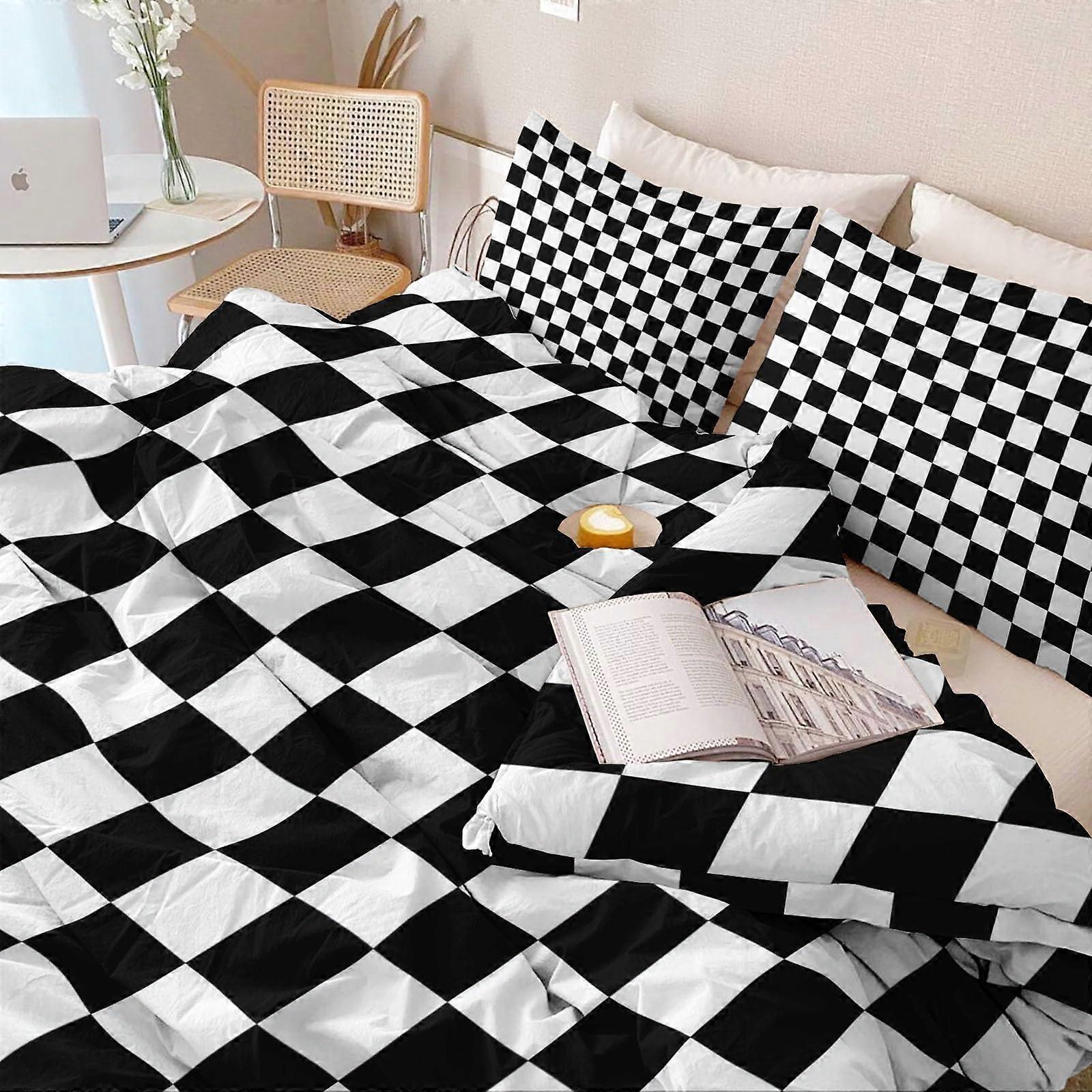 King Size Black and White Duvet Cover Set, Reversible Grid Bedding with Zipper and Corner Ties