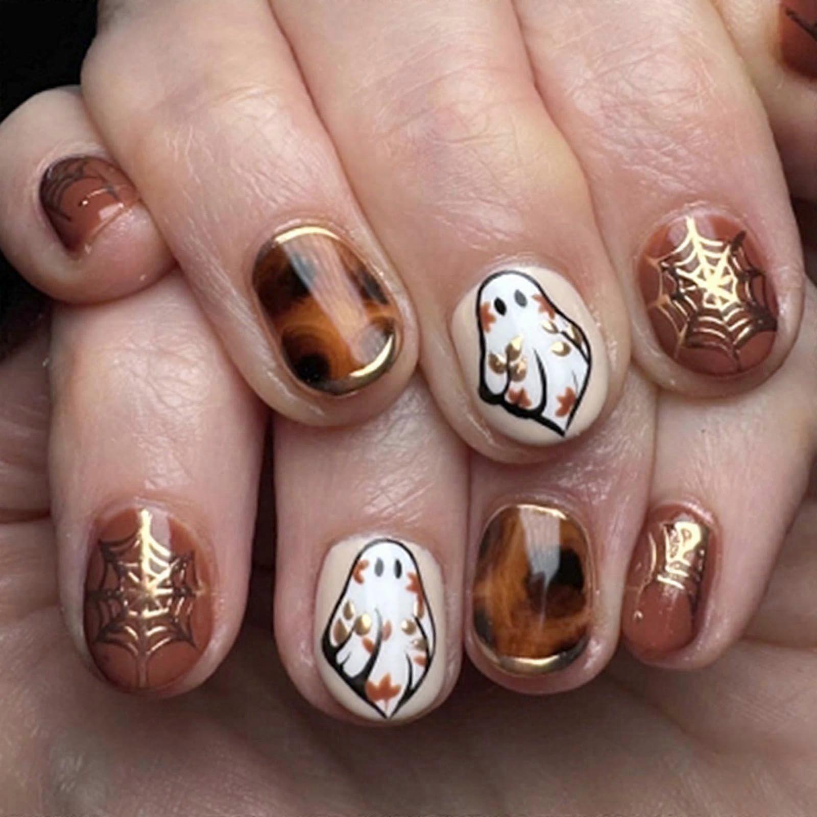 Halloween Press On Nails Short Square Fake Nails with Ghost and Gold Spider Web Design 24pcs
