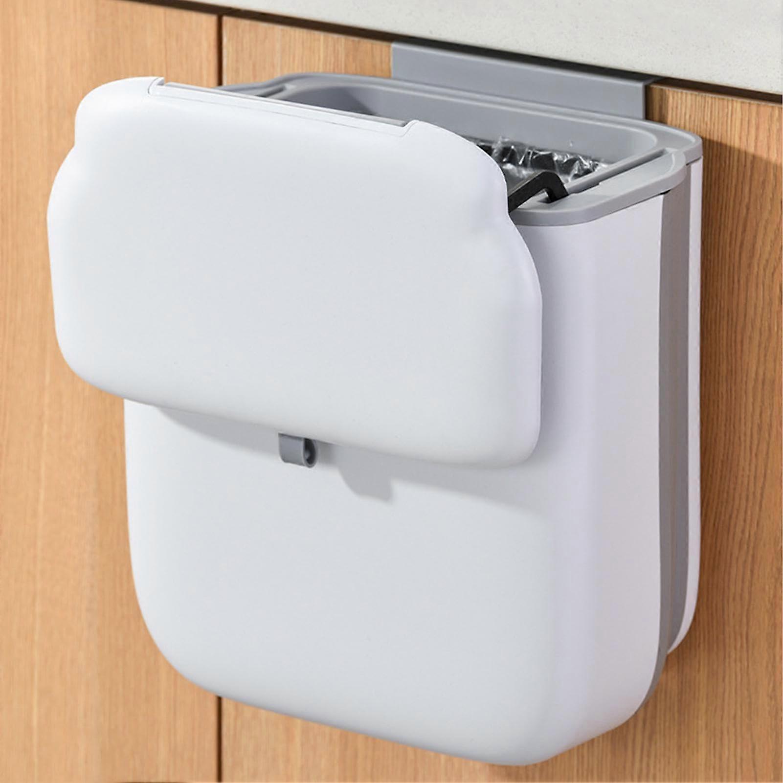Hanging Kitchen Trash Can 10L Foldable Wall Mounted Waste Bin with OdorControlling Lid White