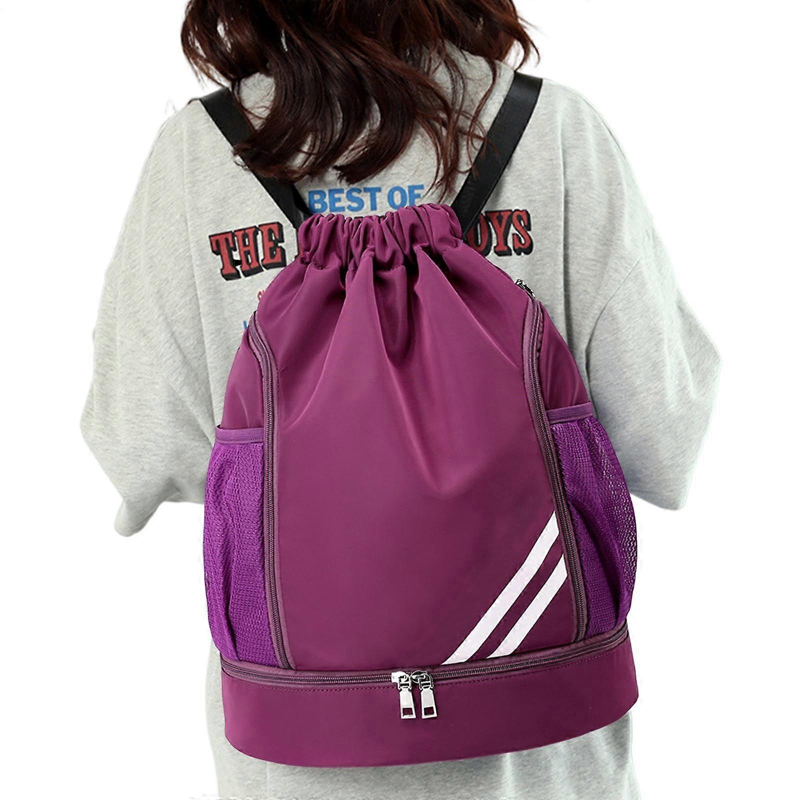 Waterproof Drawstring Backpack with MultiPocket Design, Adjustable Straps and Shoe Compartment, Purple