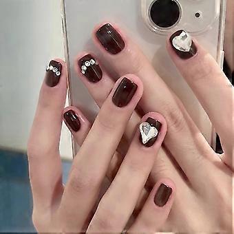 24 Pcs Short Square Press On Nails Dark Red Rhinestone Heart Fake Nails Glossy Full Cover for Valentine's Day