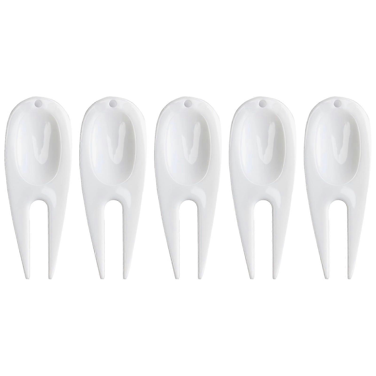 White Golf Divot  Tool Set 5 Pcs, Ergonomic Plastic Fork with Hanging Hole for Turf
