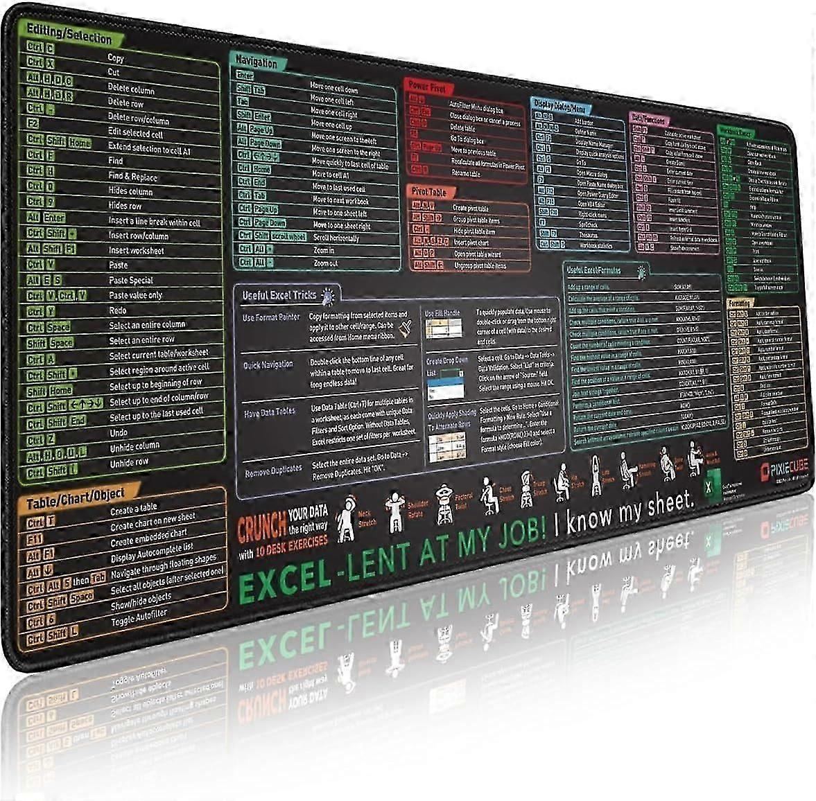Large XL Extended Mouse Pad with Cheat Sheet for Excel Shortcuts