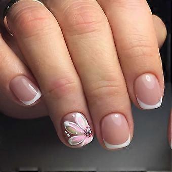 Short Square French Tip Press On Nails with Elegant Floral Design, 24pcs ReadytoWear Manicure