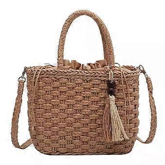 Diagonale Handtasche mit Quaste Sommerurlaub Strandtasche Gewebte Damentasche mit Kordelzug, braun