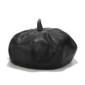 ins beret women's trendy fashion hat autumn and winter PU leather bud hat literary and retro painter hat