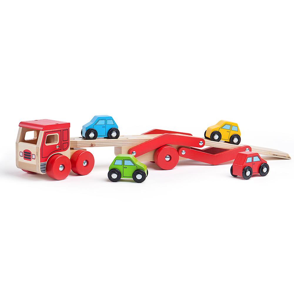 Bigjigs Toys木制运输车带4辆车,顶部汽车坡道,木制卡车