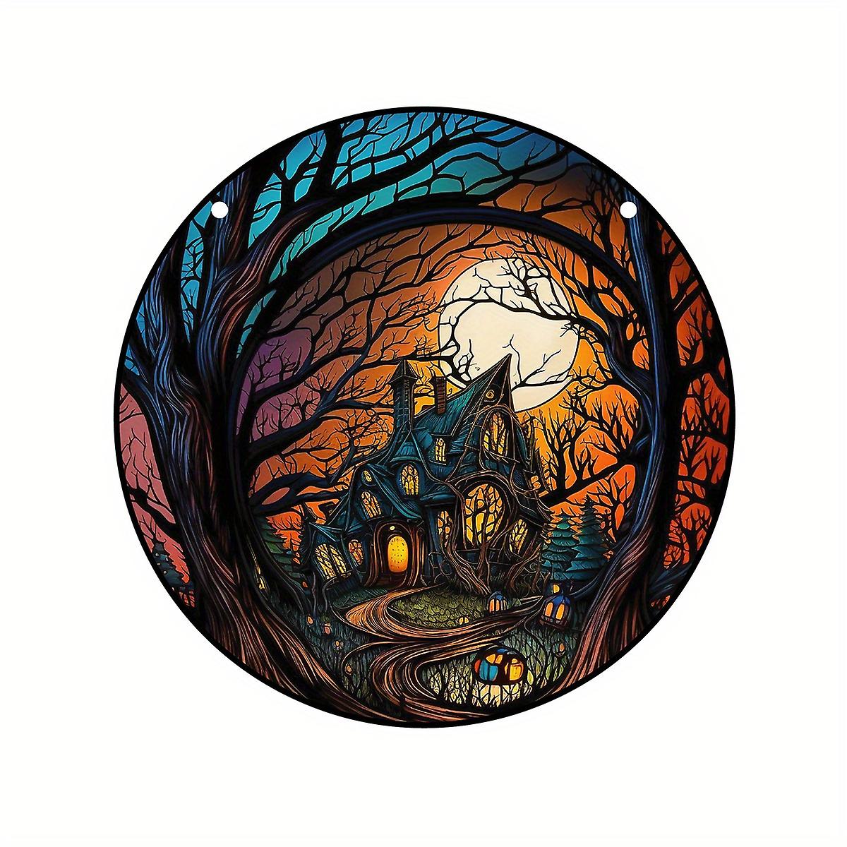 1pc Stained Glass Halloween Moon Castle Suncatcher - Perfect Window Hanging Decoration For Halloween And Fall