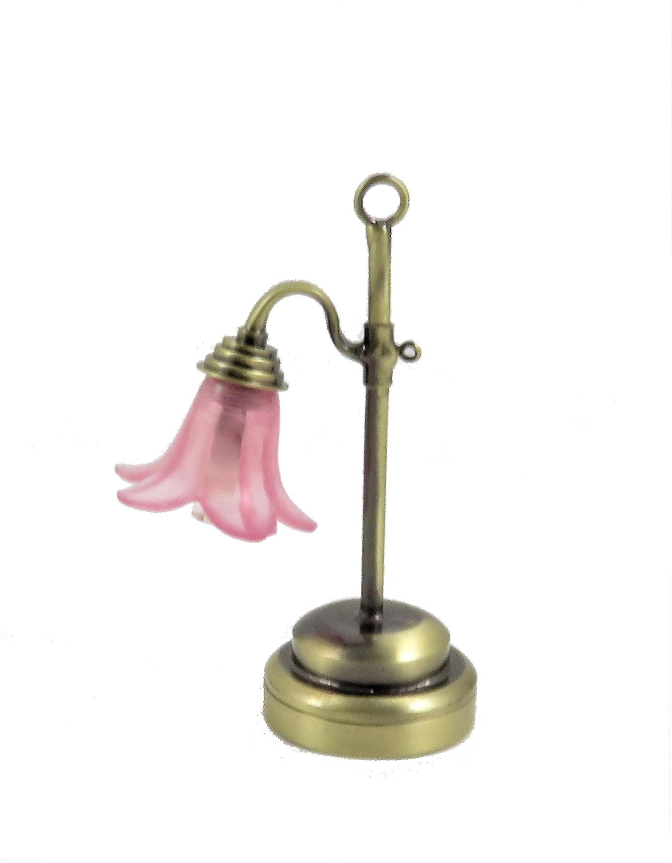 Dolls House Antique Gold Desk Lamp With Cranberry Pink Shade Led Battery Light