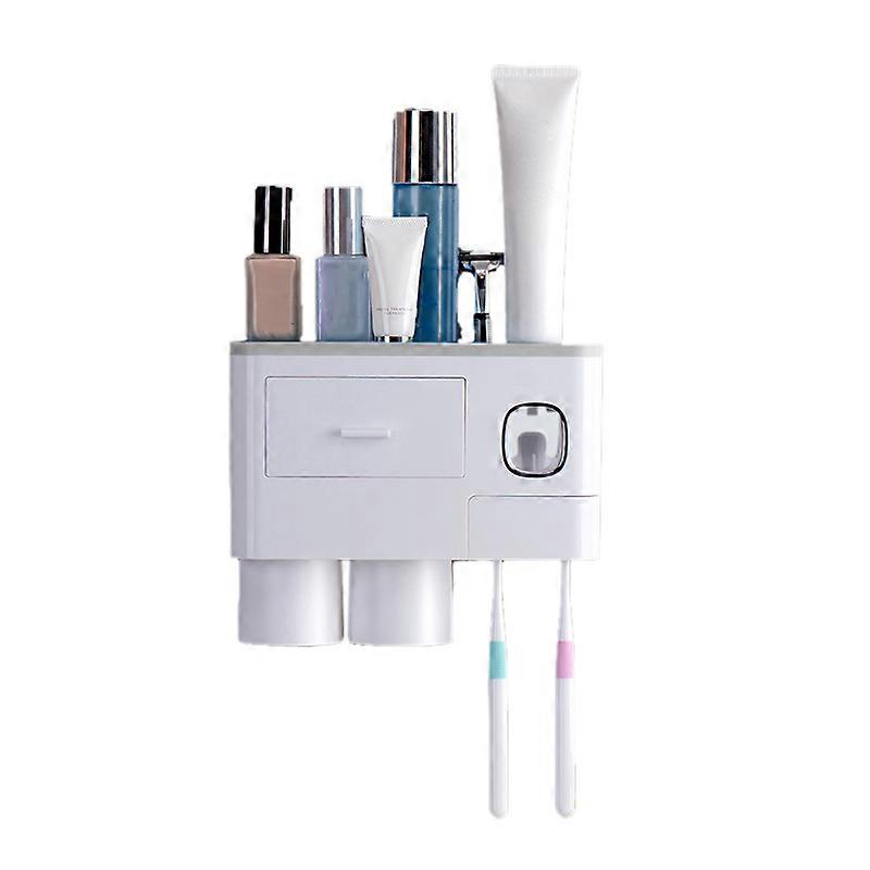 Wall Mounted Toothbrush Holder Multi Function Magnetic Absorption Bathroom Storage Rack with Drawer Toothpaste Dispenser